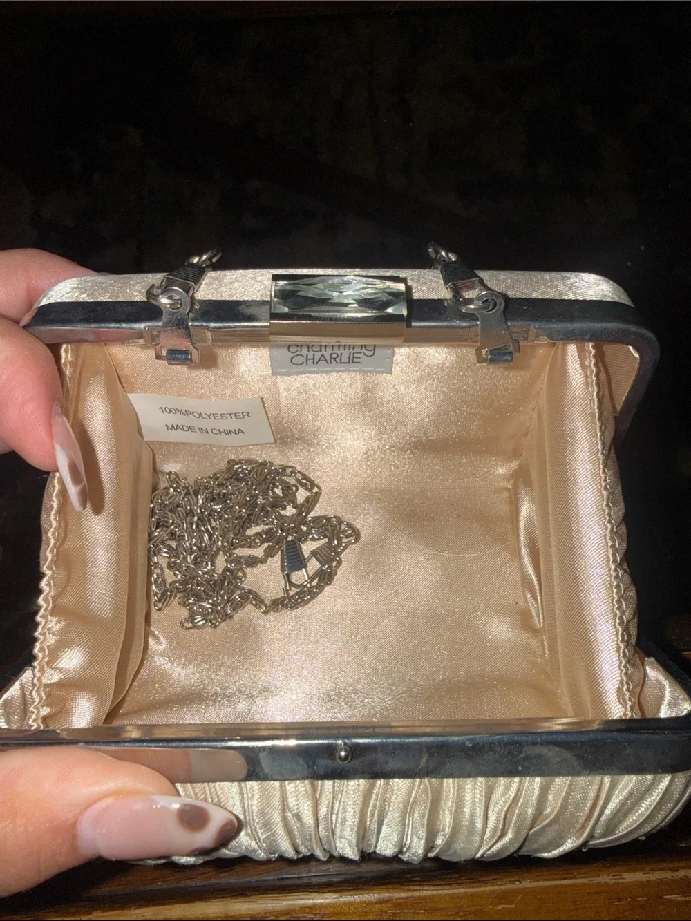 Charming Charlie Champagne Satin Crystal Flower Evening Clutch